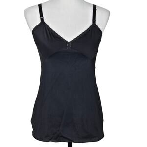 Vintage Shadowline Camisole Top Black Nylon Lingerie Slip Tank Size 34 Lace Trim